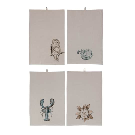 Hello Honey® Nature Prints Motif Cotton & Linen Decorative Tea Towels with Loops Set